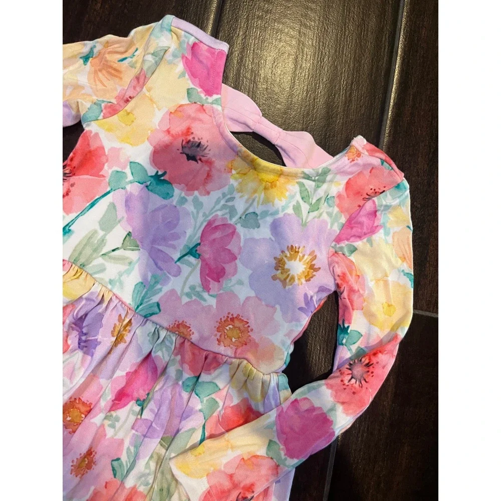 Little Sleepies Play Floral Bamboo Viscose Long Sleeve Dress 2T Watercolor Pink